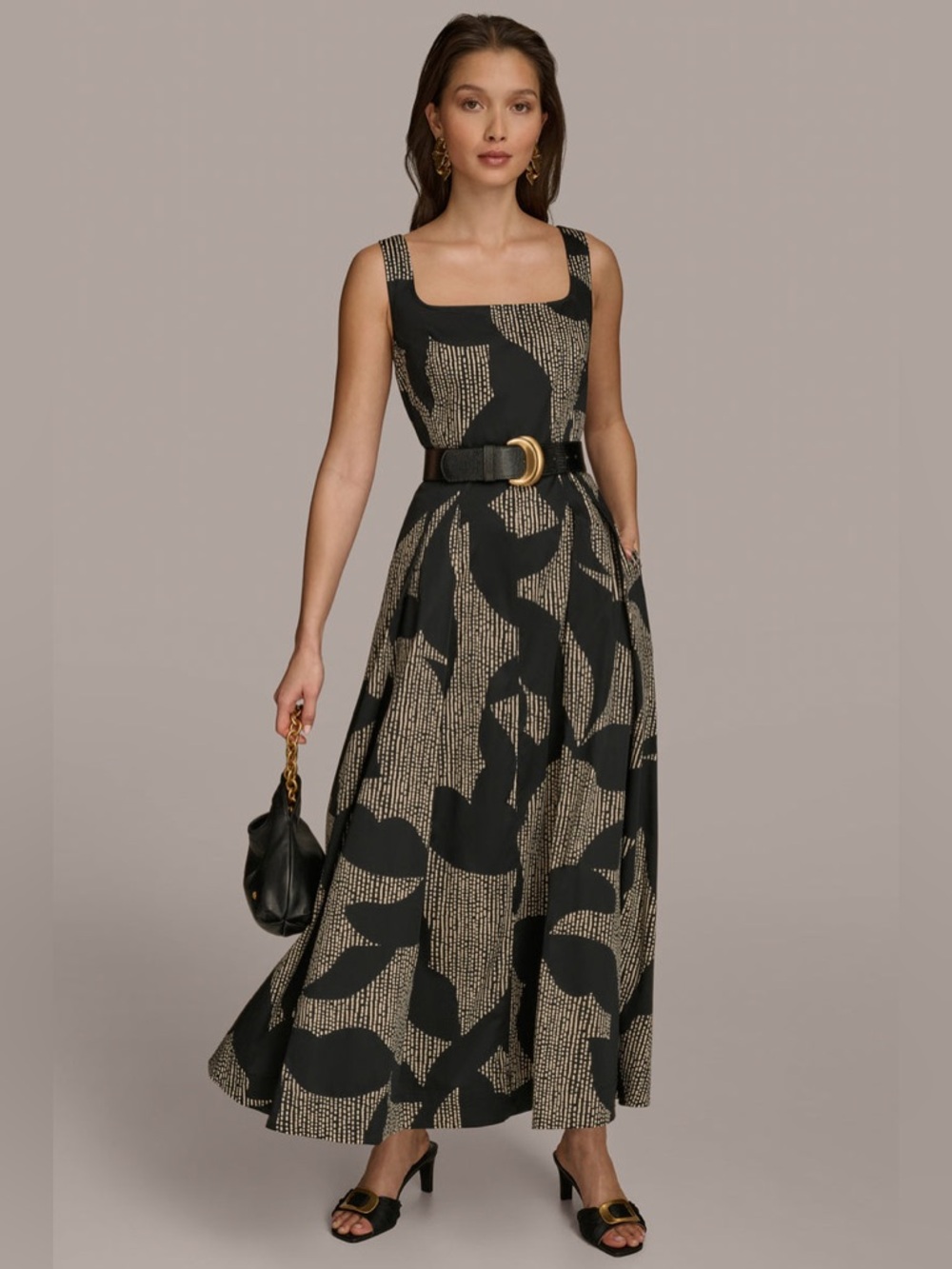 Donna Karan New York Cotton Sleeveless Belted Midi Dress Size 8 Black Tan - Picture 16 of 16